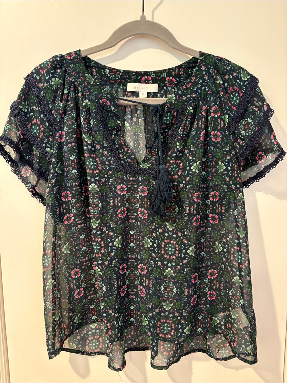 Navy Floral Tie-Front Short Sleeve Blouse